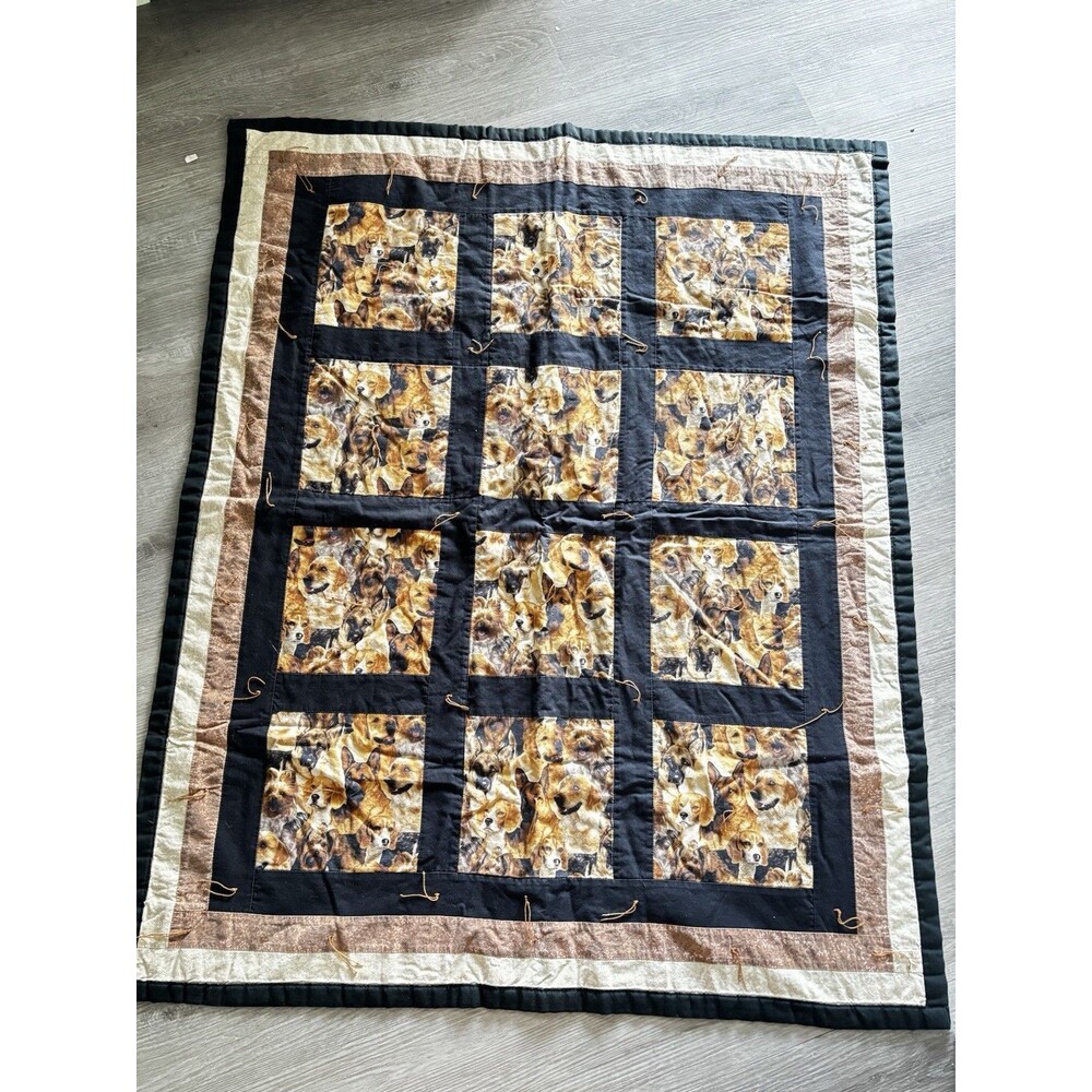 Handmade Patchwork Dog Picture Checkered Prayer Knot Quilt, Crib Or Throw Size